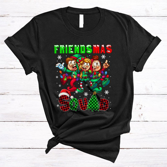 MacnyStore - Friendsmas Squad, Lovely Cool Christmas Tree Plaid Three Elf, X-mas Family Friend Group T-Shirt