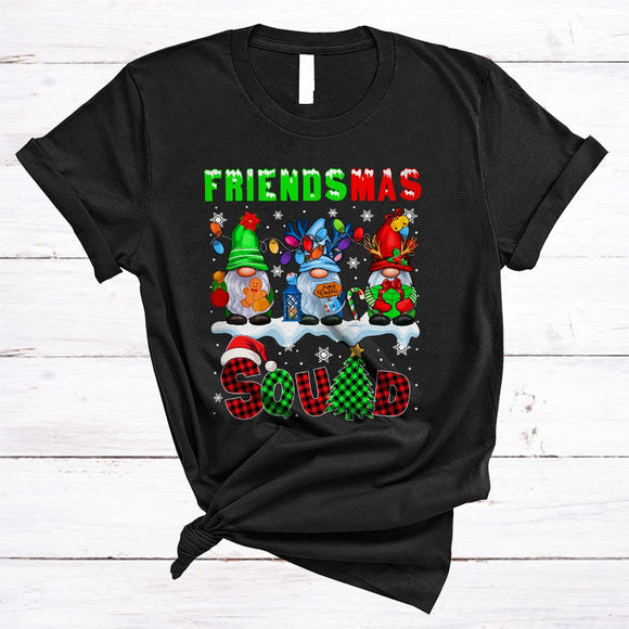 MacnyStore - Friendsmas Squad, Lovely Cool Christmas Tree Plaid Three Gnomes, X-mas Family Friend Group T-Shirt