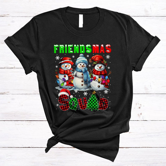 MacnyStore - Friendsmas Squad, Lovely Cool Christmas Tree Plaid Three Snowman, X-mas Family Friend Group T-Shirt