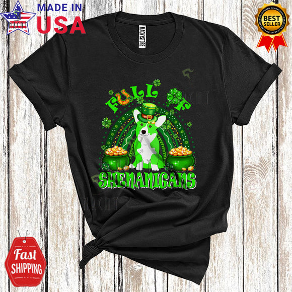 MacnyStore - Full Of Shenanigans Funny Cool St. Patrick's Day Rainbow Shamrock Leprechaun Corgi Dog T-Shirt