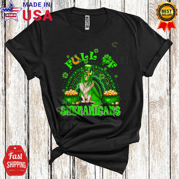 MacnyStore - Full Of Shenanigans Funny Cool St. Patrick's Day Rainbow Shamrock Leprechaun Sheltie Dog T-Shirt