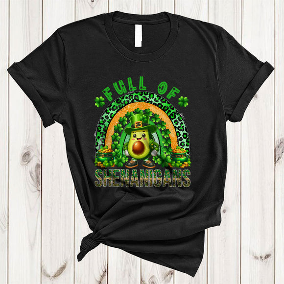 MacnyStore - Full Of Shenanigans, Adorable St. Patrick's Day Avocado Lover, Leopard Plaid Rainbow Shamrock T-Shirt