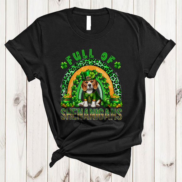 MacnyStore - Full Of Shenanigans, Adorable St. Patrick's Day Beagle Lover, Leopard Plaid Rainbow Shamrock T-Shirt