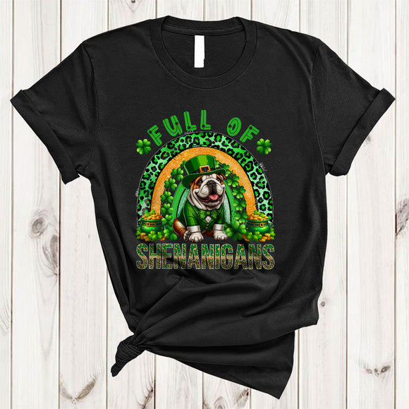 MacnyStore - Full Of Shenanigans, Adorable St. Patrick's Day Bulldog Lover, Leopard Plaid Rainbow Shamrock T-Shirt