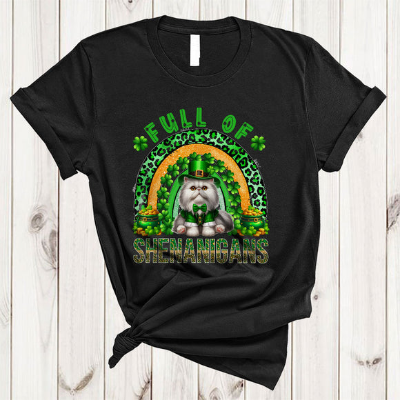 MacnyStore - Full Of Shenanigans, Adorable St. Patrick's Day Cat Lover, Leopard Plaid Rainbow Shamrock T-Shirt