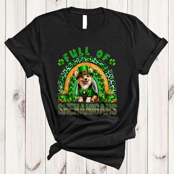 MacnyStore - Full Of Shenanigans, Adorable St. Patrick's Day Corgi Lover, Leopard Plaid Rainbow Shamrock T-Shirt