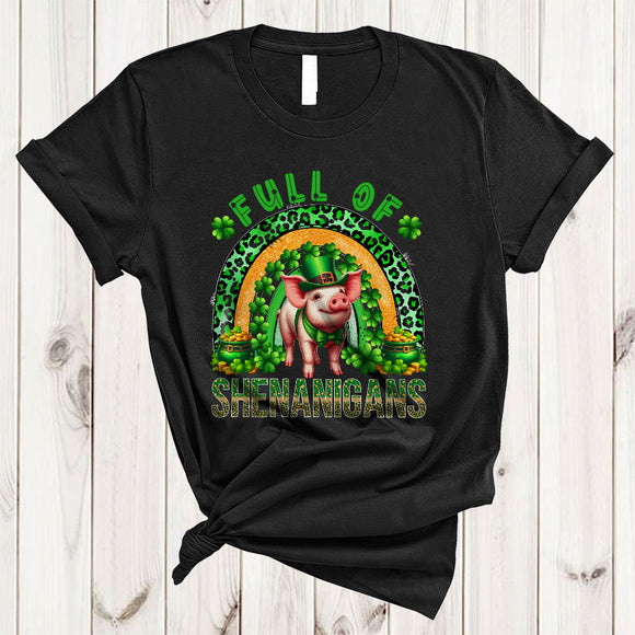 MacnyStore - Full Of Shenanigans, Adorable St. Patrick's Day Pig Lover, Leopard Plaid Rainbow Shamrock T-Shirt