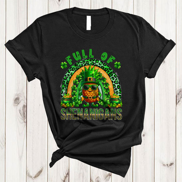 MacnyStore - Full Of Shenanigans, Adorable St. Patrick's Day Pineapple Lover, Leopard Plaid Rainbow Shamrock T-Shirt