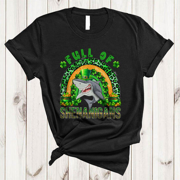 MacnyStore - Full Of Shenanigans, Adorable St. Patrick's Day Shark Lover, Leopard Plaid Rainbow Shamrock T-Shirt