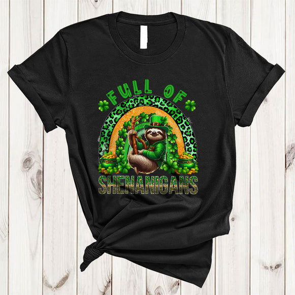 MacnyStore - Full Of Shenanigans, Adorable St. Patrick's Day Sloth Lover, Leopard Plaid Rainbow Shamrock T-Shirt