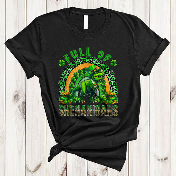 MacnyStore - Full Of Shenanigans, Adorable St. Patrick's Day T-Rex Lover, Leopard Plaid Rainbow Shamrock T-Shirt