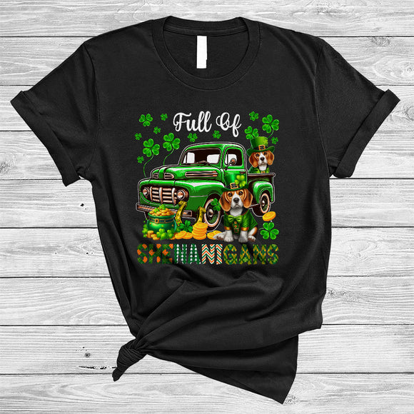 MacnyStore - Full Of Shenanigans, Happy St. Patrick's Day Beagle On Green Pickup Truck, Lucky Shamrock T-Shirt