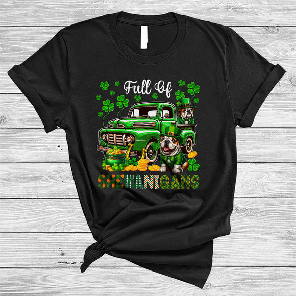 MacnyStore - Full Of Shenanigans, Happy St. Patrick's Day Bulldog On Green Pickup Truck, Lucky Shamrock T-Shirt