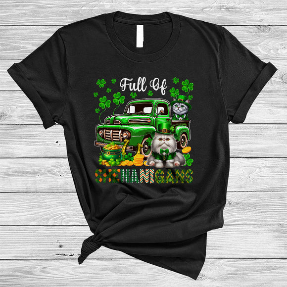 MacnyStore - Full Of Shenanigans, Happy St. Patrick's Day Cat On Green Pickup Truck, Lucky Shamrock T-Shirt