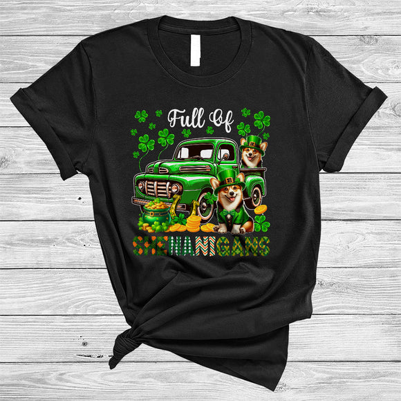MacnyStore - Full Of Shenanigans, Happy St. Patrick's Day Corgi On Green Pickup Truck, Lucky Shamrock T-Shirt