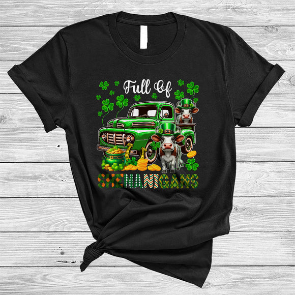 MacnyStore - Full Of Shenanigans, Happy St. Patrick's Day Cow On Green Pickup Truck, Lucky Shamrock T-Shirt