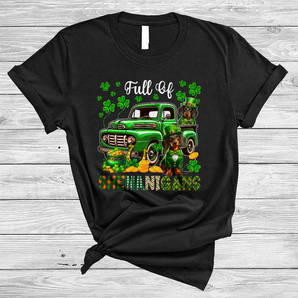 MacnyStore - Full Of Shenanigans, Happy St. Patrick's Day Dachshund On Green Pickup Truck, Lucky Shamrock T-Shirt