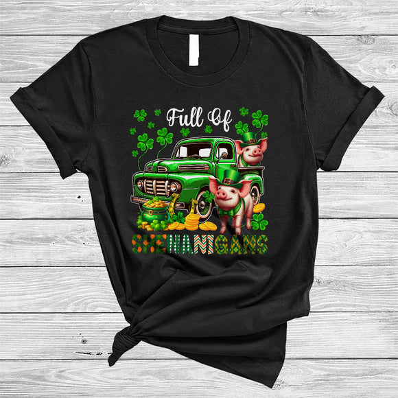 MacnyStore - Full Of Shenanigans, Happy St. Patrick's Day Pig On Green Pickup Truck, Lucky Shamrock T-Shirt