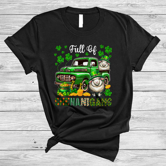MacnyStore - Full Of Shenanigans, Happy St. Patrick's Day Sheep On Green Pickup Truck, Lucky Shamrock T-Shirt