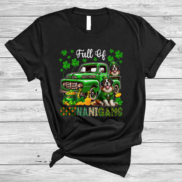 MacnyStore - Full Of Shenanigans, Happy St. Patrick's Day St. Bernard On Green Pickup Truck, Lucky Shamrock T-Shirt
