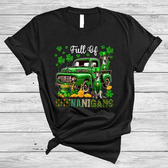 MacnyStore - Full Of Shenanigans, Happy St. Patrick's Day Whippet On Green Pickup Truck, Lucky Shamrock T-Shirt