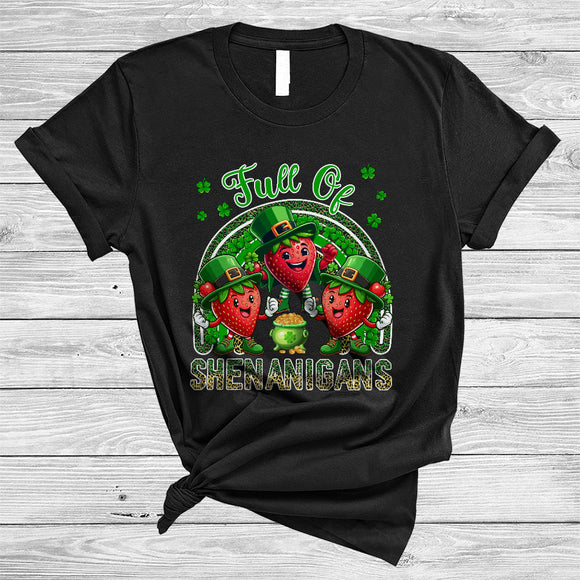 MacnyStore - Full Of Shenanigans, Lovely St. Patrick's Day Strawberry Leopard Rainbow, Strawberry Lover Shamrock T-Shirt