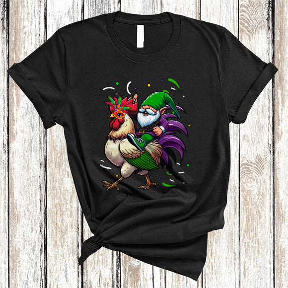 MacnyStore - Funny Chicken Riding Chicken, Cheerful Mardi Gras Mask Beads Chicken, Mardi Gras Parade Squad T-Shirt
