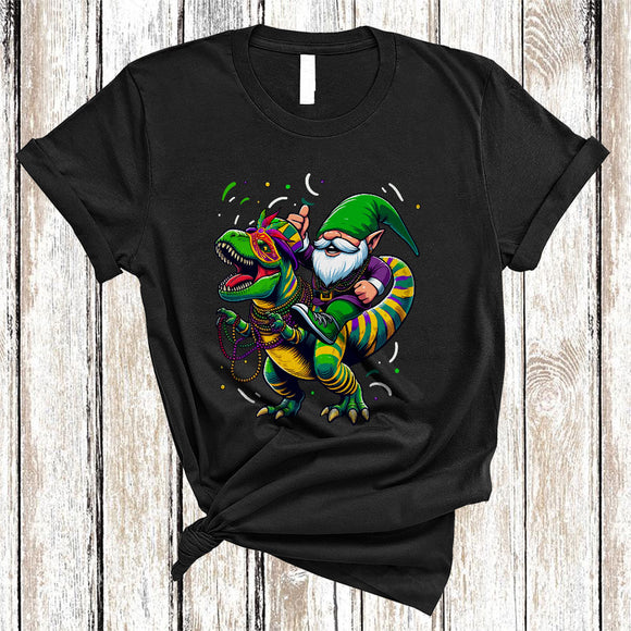 MacnyStore - Funny Gnome Riding Dinosaur, Cheerful Mardi Gras Mask Beads T-Rex, Mardi Gras Parade Squad T-Shirt