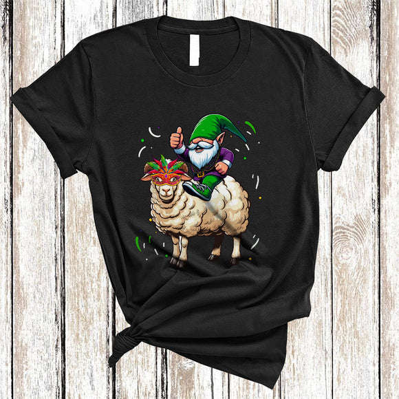 MacnyStore - Funny Gnome Riding Sheep, Cheerful Mardi Gras Mask Beads Sheep, Mardi Gras Parade Squad T-Shirt