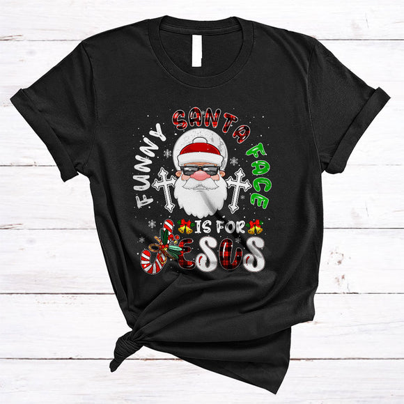 MacnyStore - Funny Santa Face Is For Jesus, Sarcastic Merry Christmas Santa Face, Plaid Snow Around T-Shirt