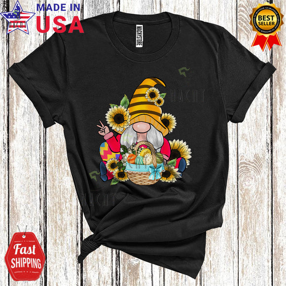 MacnyStore - Funny Sunflowers Gnomes Holding Easter Eggs Basket Cool Funny Easter Egg Hunt Bunny T-Shirt