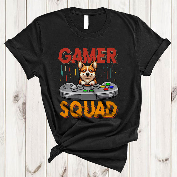 MacnyStore - Gamer Squad, Cheerful Cute Corgi Playing Video Games, Animal Lover Gaming Gamer Group T-Shirt