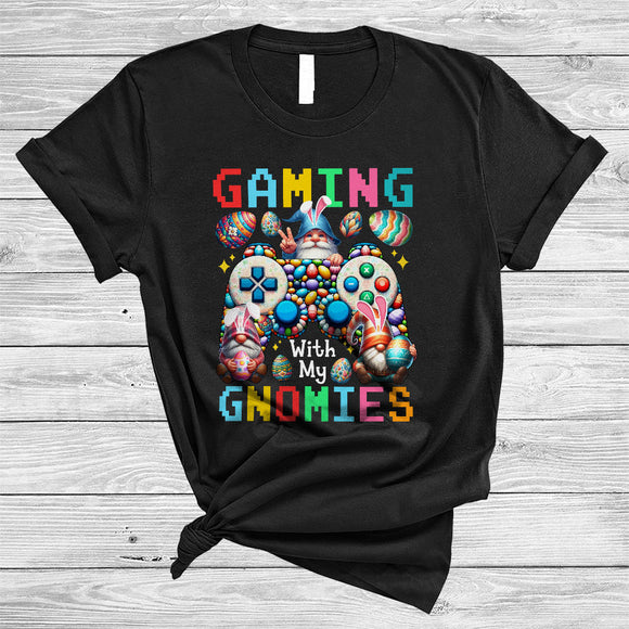 MacnyStore - Gaming With My Gnomies, Humorous Easter Egg Game Controller, Three Bunny Gnomes Gamer T-Shirt