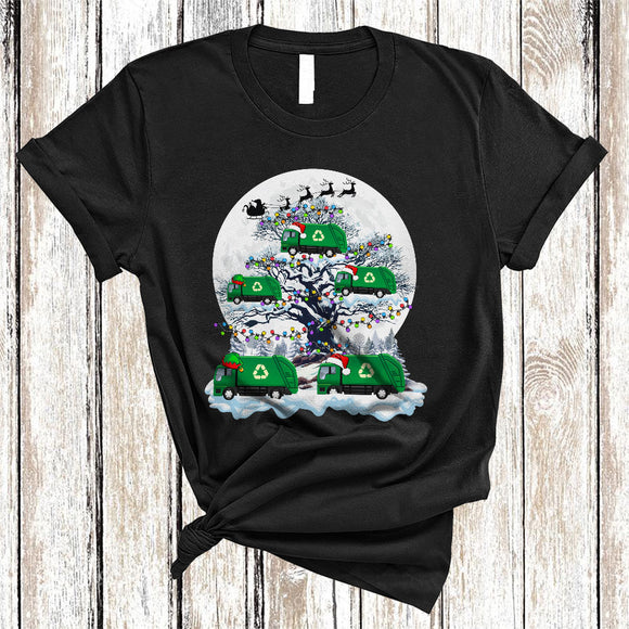 MacnyStore - Garbage Truck On Christmas Tree, Joyful Santa ELF Reindeer Garbage Truck Driver, X-mas Lights Moon T-Shirt