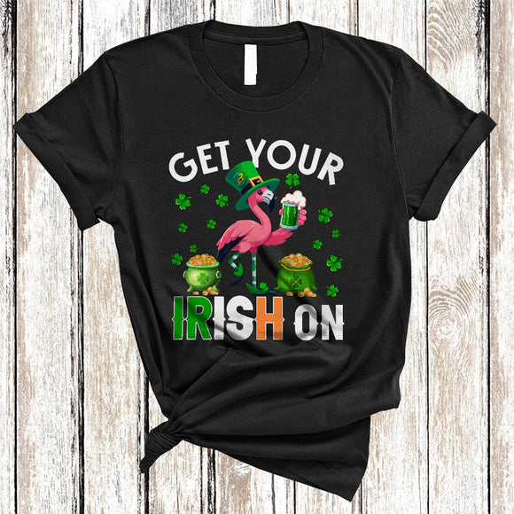 MacnyStore - Get Your Irish On, Cheerful St. Patrick's Day Flamingo Drinking Beer, Irish Flag Shamrock Family Group T-Shirt