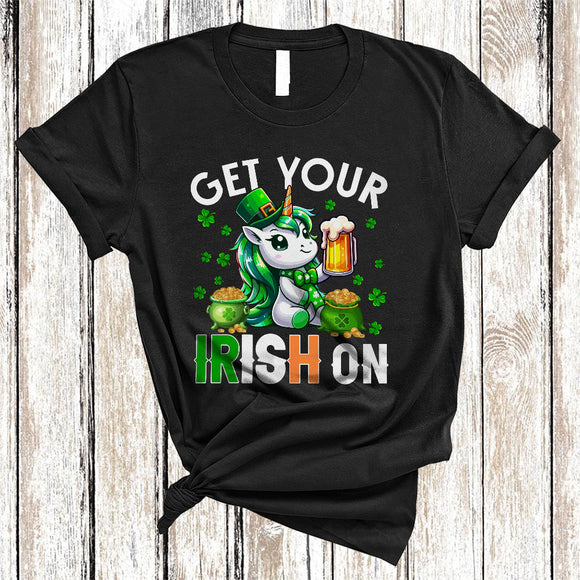 MacnyStore - Get Your Irish On, Cheerful St. Patrick's Day Unicorn Drinking Beer, Irish Flag Shamrock Family Group T-Shirt