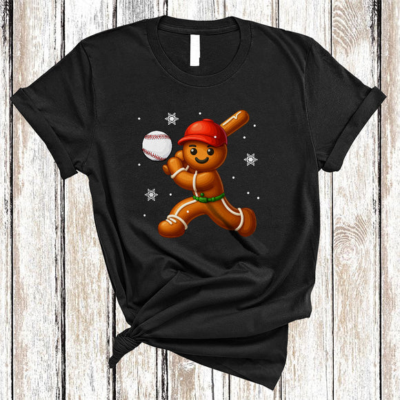 MacnyStore - Gingerbread Playing Baseball, Cheerful Funny Christmas Gingerbread Sport Player, X-mas Cookies T-Shirt