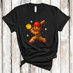 MacnyStore - Gingerbread Playing Softball, Cheerful Funny Christmas Gingerbread Sport Player, X-mas Cookies T-Shirt