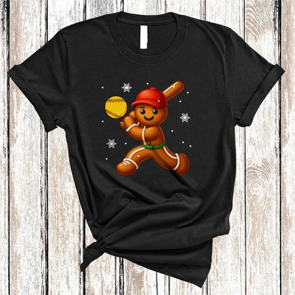 MacnyStore - Gingerbread Playing Softball, Cheerful Funny Christmas Gingerbread Sport Player, X-mas Cookies T-Shirt
