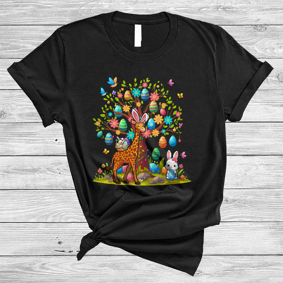 MacnyStore - Giraffe Bunny With Easter Eggs Tree, Amazing Easter Flowers Animal, Matching Giraffe Lover T-Shirt