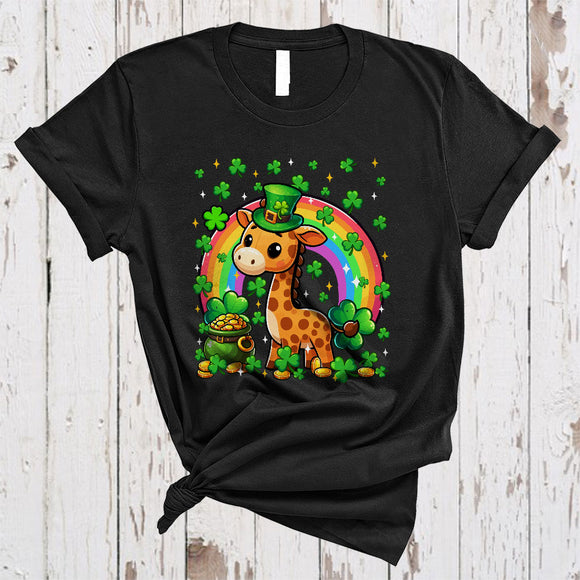 MacnyStore - Giraffe Leprechaun With Shamrocks, Lovely St. Patrick's Day Rainbow, Wild Animal Lover T-Shirt