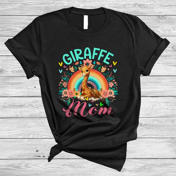 MacnyStore - Giraffe Mom, Wonderful Mother's Day Flowers Rainbow, Wild Animal Zoo Keeper Family T-Shirt