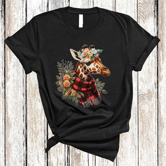 MacnyStore - Giraffe Wearing Buffalo Red Plaid Scarf, Lovely Giraffe Wild Animal Lover, Floral Flowers T-Shirt