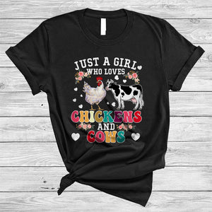 MacnyStore - Girl Loves Chickens And Cows, Colorful Floral Farm Animal Lover Flowers, Matching Farmer Group T-Shirt