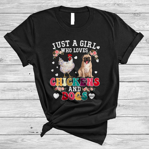 MacnyStore - Girl Loves Chickens And Dogs, Colorful Floral Farm Animal Lover Flowers, Matching Farmer Group T-Shirt