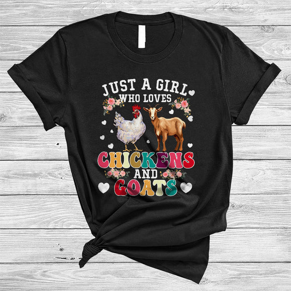 MacnyStore - Girl Loves Chickens And Goats, Colorful Floral Farm Animal Lover Flowers, Matching Farmer Group T-Shirt