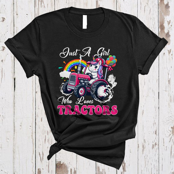 MacnyStore - Girl Loves Tractors, Adorable Unicorn Driving Tractor Farmer, Students Teacher Group T-Shirt