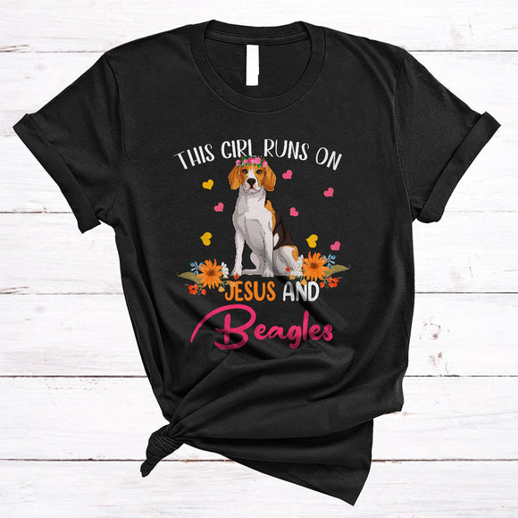 MacnyStore - Girl Runs On Jesus And Beagles, Adorable Flowers Floral Animal Lover, Family Group T-Shirt