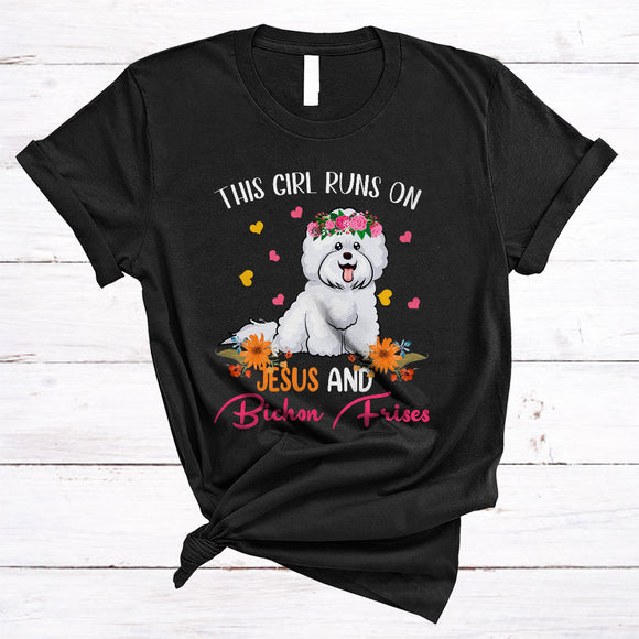 MacnyStore - Girl Runs On Jesus And Bichon Frises, Adorable Flowers Floral Animal Lover, Family Group T-Shirt