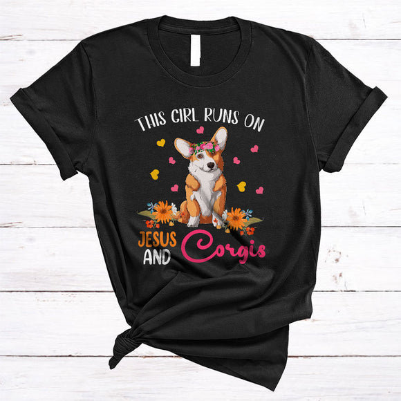 MacnyStore - Girl Runs On Jesus And Corgis, Adorable Flowers Floral Animal Lover, Family Group T-Shirt